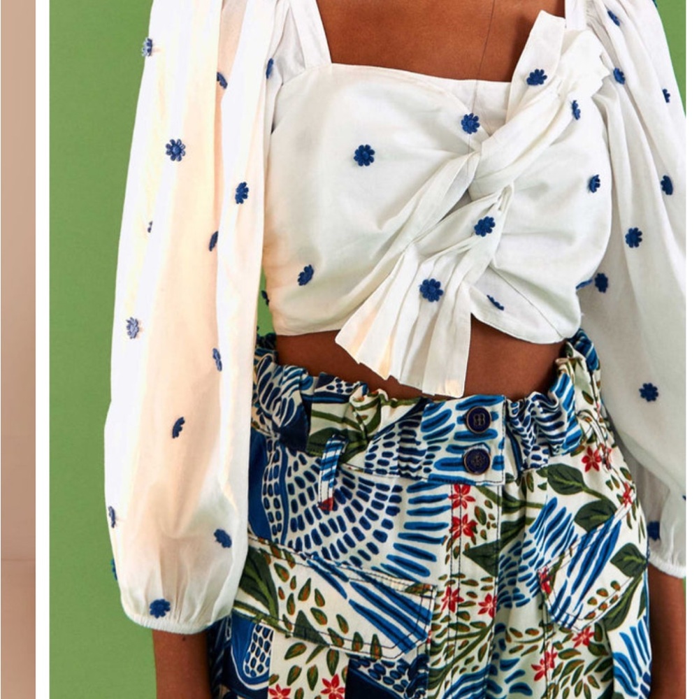 Farm Rio White and Blue Floral Crop Top